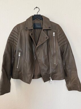 AllSaints Brown Obika Biker Leather Coat